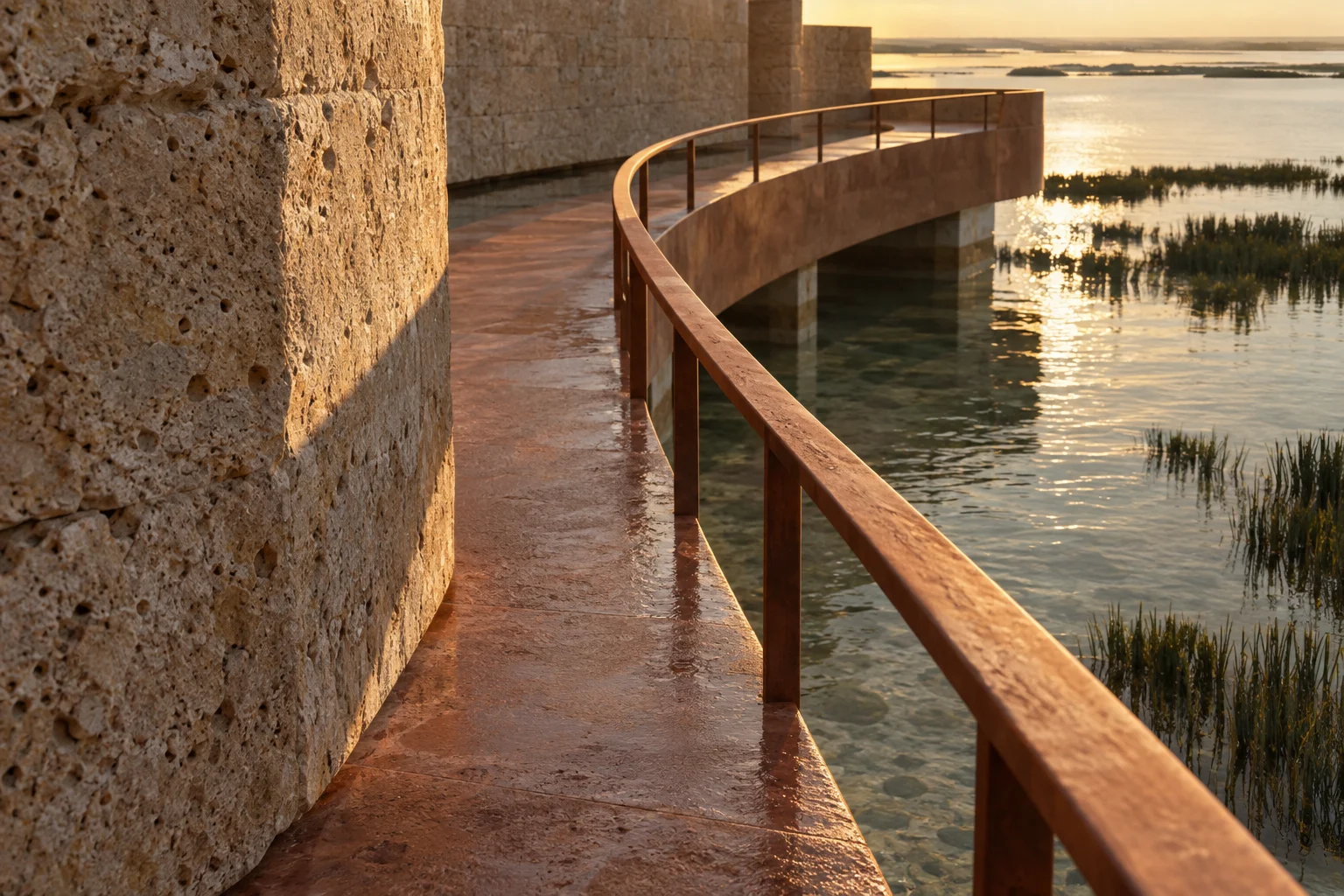 A stone wall and terracotta causeway meet above still tidal water.