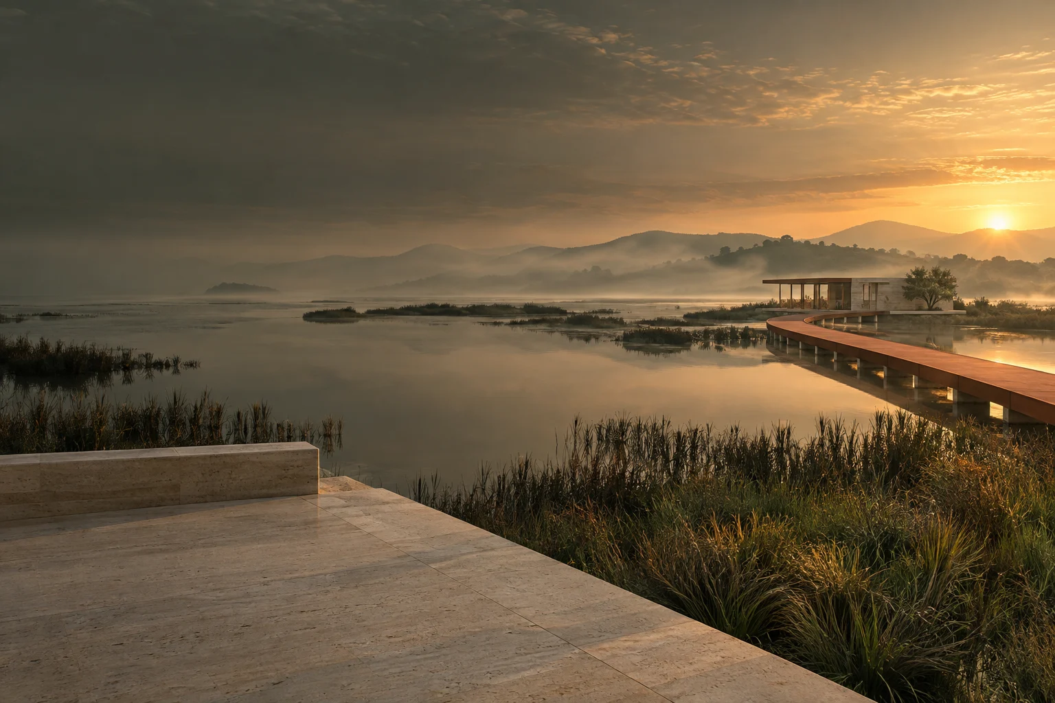 A terracotta causeway crosses still tidal water toward a limestone pavilion in morning mist.