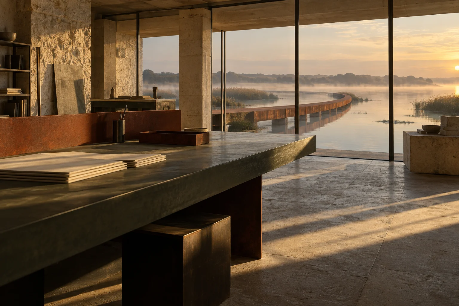 A quiet stone workspace with papers and a long table beside a curved walkway over water.